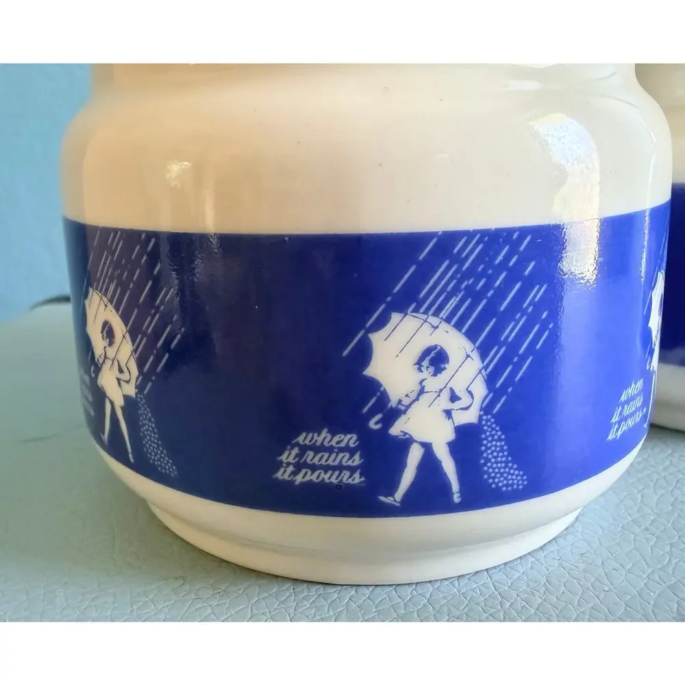 Vintage Morton Salt When It Rains It Pours Creamer Sugar Set Umbrella Girl